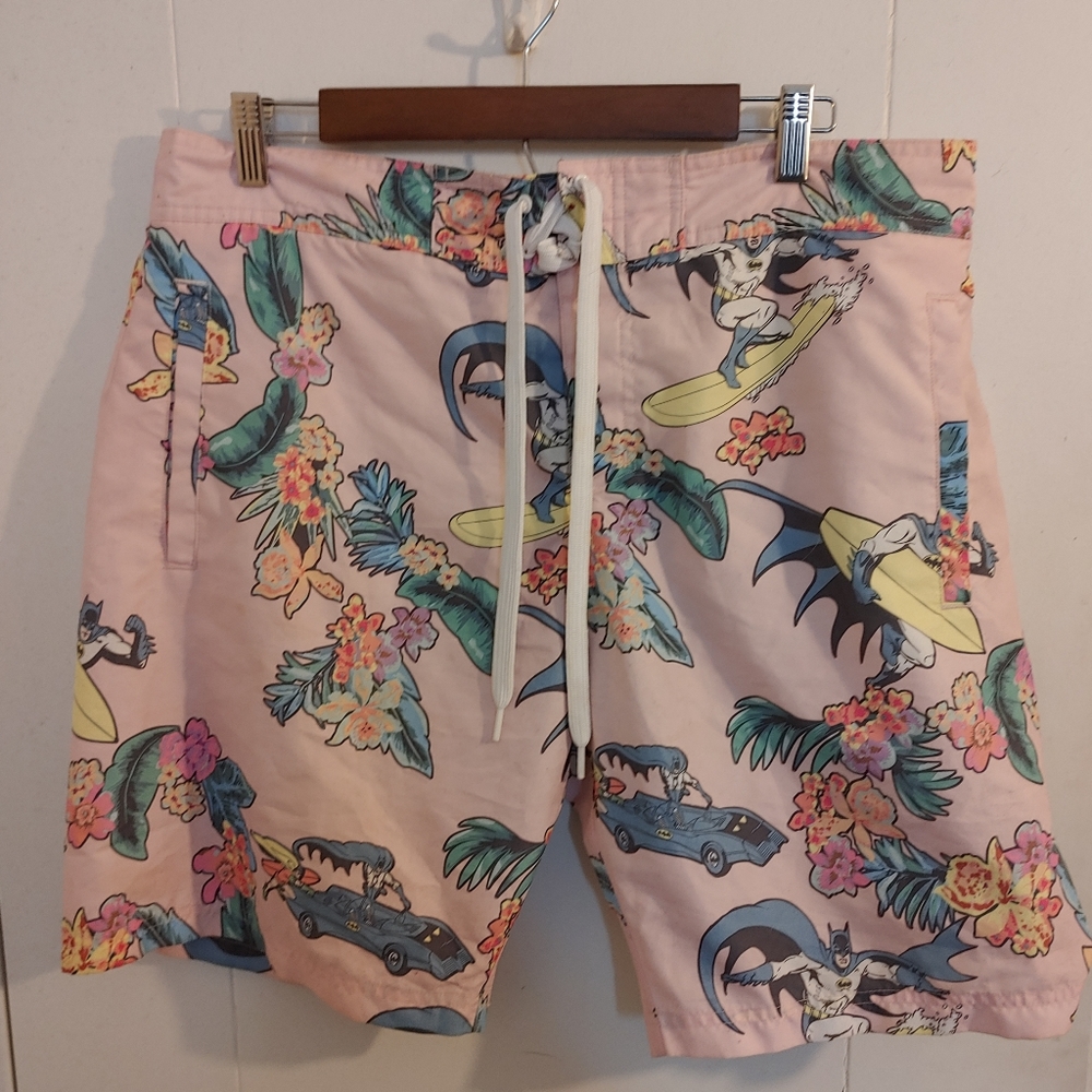 Batman with Surf Board Swim Trunks Shorts Pink Floral Hawaiian
